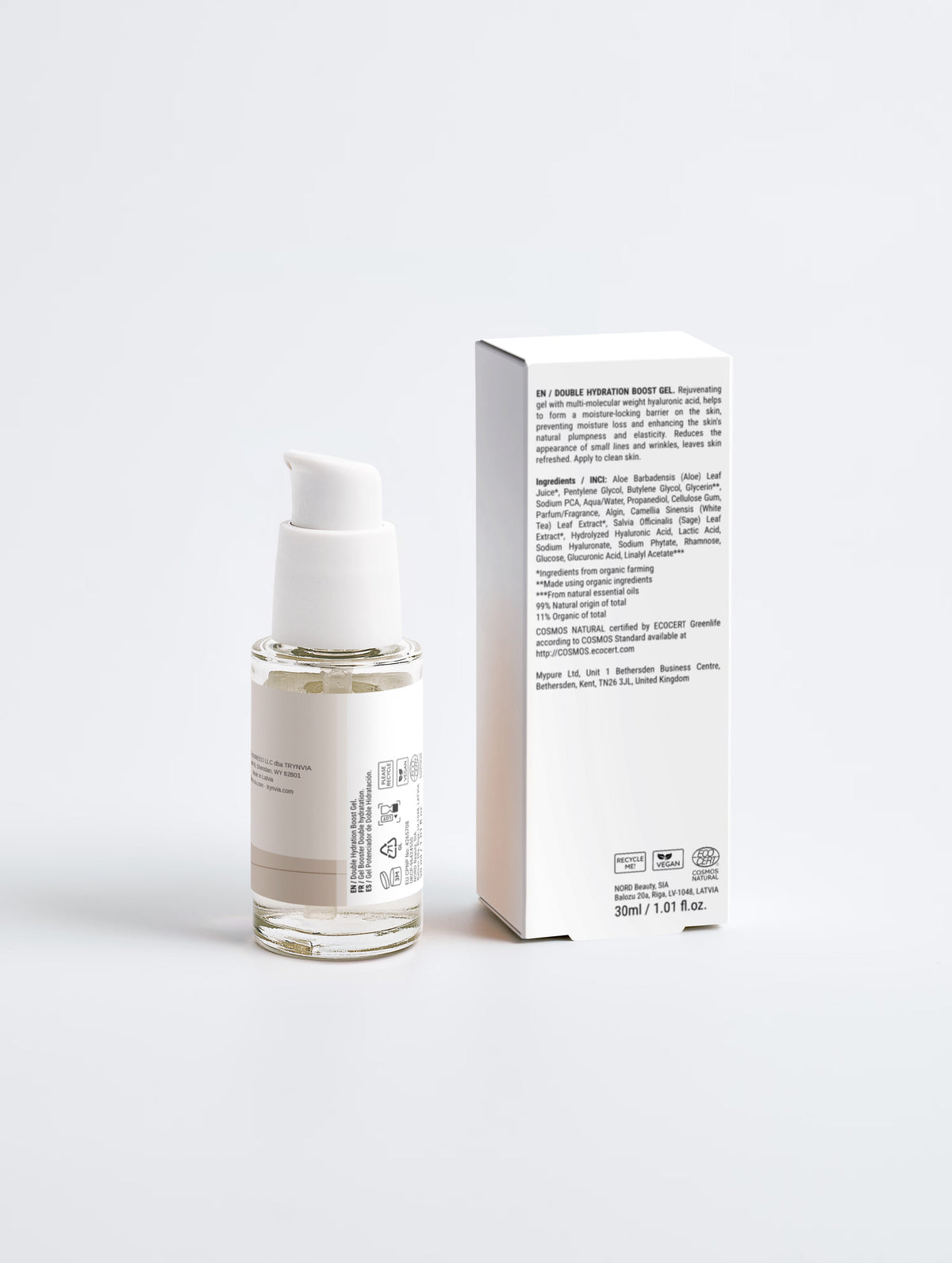 Dew Drop hyaluronic hydrating gel 30 ml, box back with ingredients — Deep Drink Hydration Duo by TRYNVIA