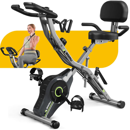 Goimu Exercise Bike 5 in 1 Foldable Stationary Bike for Seniors 8-Level Adjustable Magentic Resistance Indoor Recumbent Bike with 330LB Capacity Comfortable Seat Backrest (Light Grey)