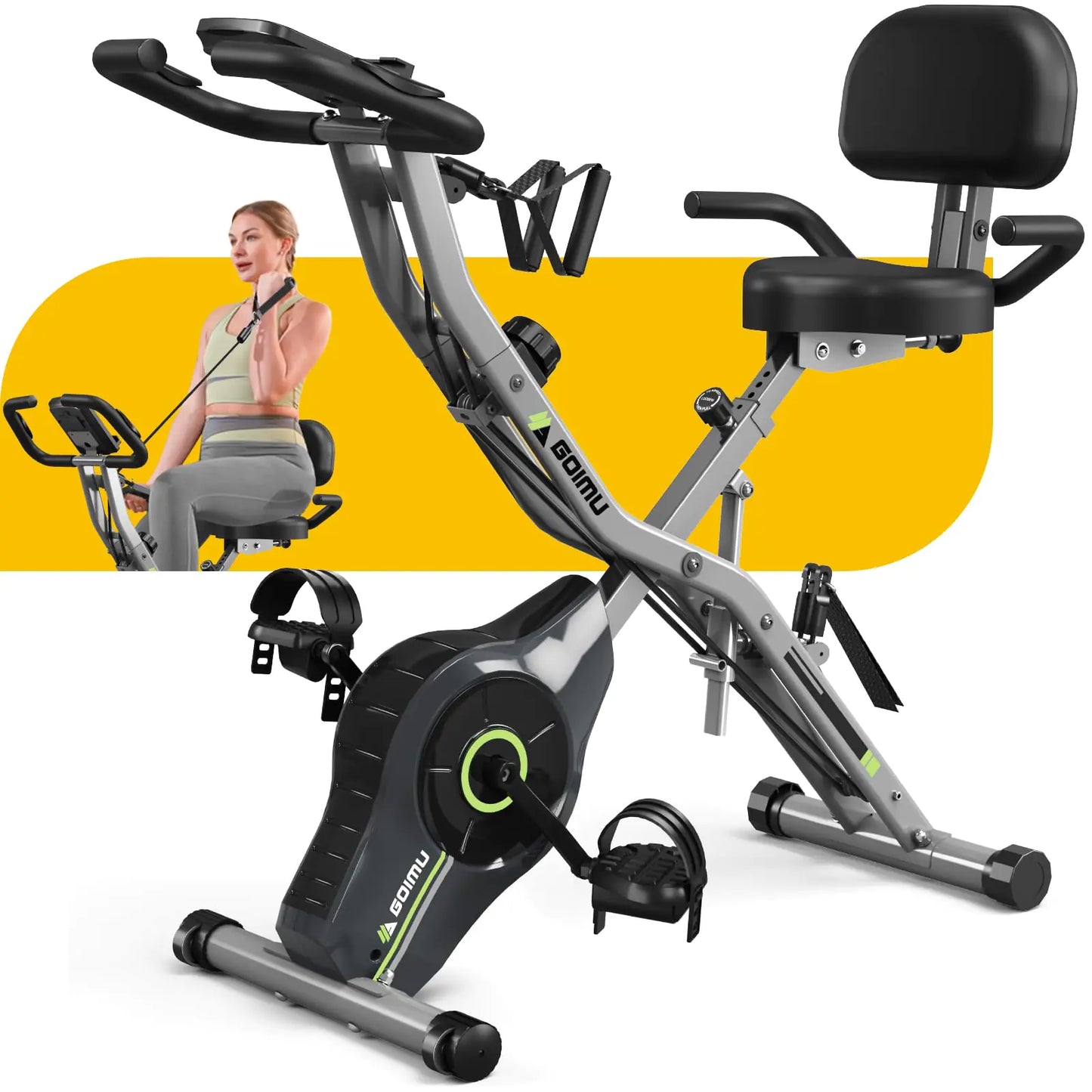 Goimu Exercise Bike 5 in 1 Foldable Stationary Bike for Seniors 8-Level Adjustable Magentic Resistance Indoor Recumbent Bike with 330LB Capacity Comfortable Seat Backrest (Light Grey)